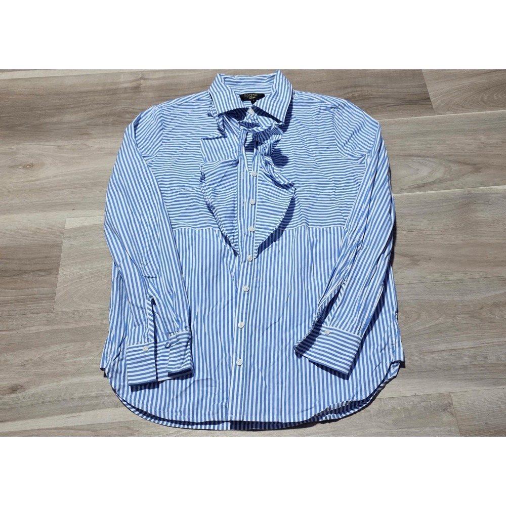 Juicy Couture‎ Black Label Blue White Striped Ruffle Jabot Button Down Shirt S